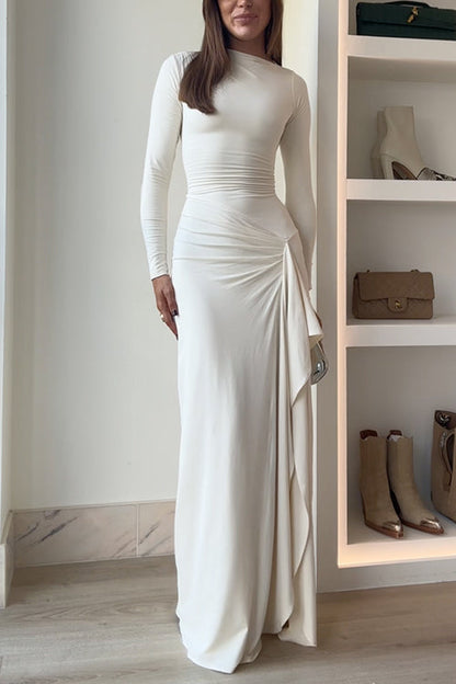 Blanc™ - Long Sleeves Draped Slit Maxi Party Dress