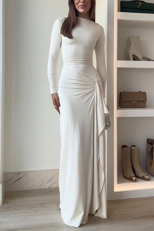 Blanc™ - Long Sleeves Draped Slit Maxi Party Dress