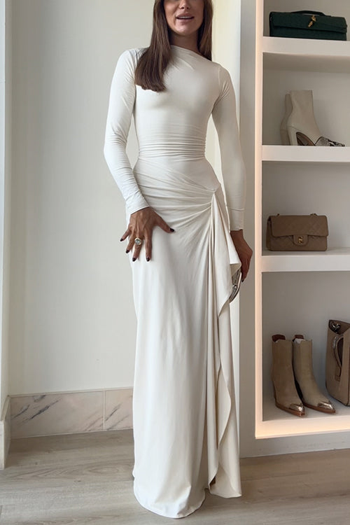 Blanc™ - Long Sleeves Draped Slit Maxi Party Dress