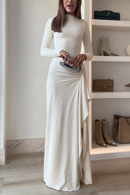 Blanc™ - Long Sleeves Draped Slit Maxi Party Dress